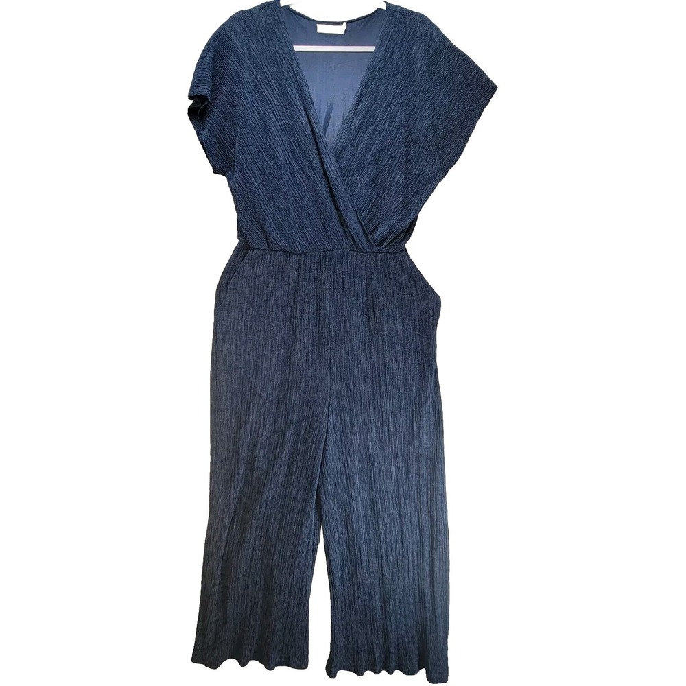 All In Favor Crinkle Wide Leg Jumpsuit Womens XL Blue Vneck Boho Hippie Pantsuit